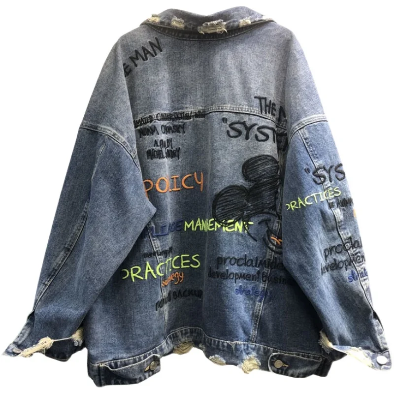 

New Fashion Autumn Vintage Embroidered Letter Denim Jacket Loose Casual Women Hole Ripped Jean Coat Cowboy Outwear