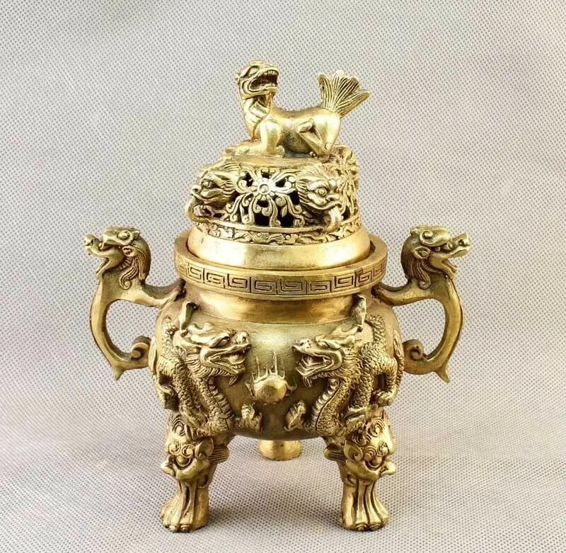 

China Brass carved Dragon&FOO FU Dog Incense Burner/Censer Statue