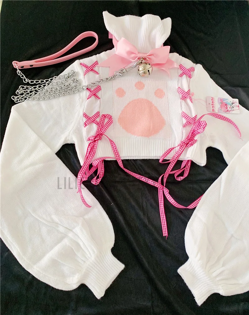 Женский костюм пастельных тонов мини свитер с рисунком кошки лапы воротник