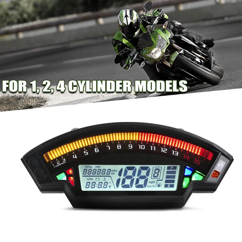 

Motorcycle LCD TFT Digital Speedometer For 1,2,4 Cylinders moto Meter 14000RPM 6 Gear 199km/h Backlight Odometer Universal