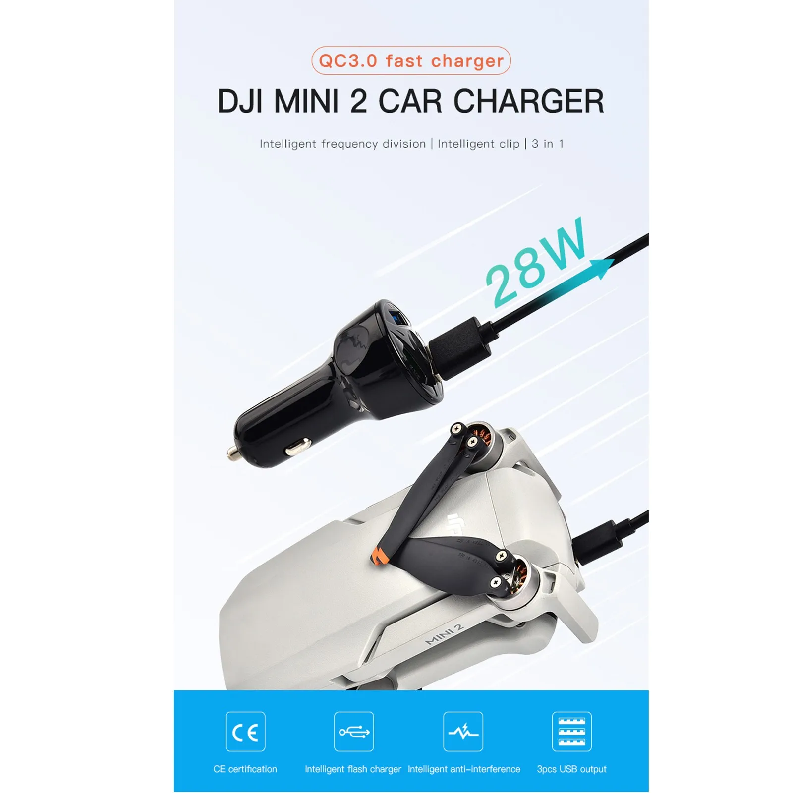 

2021 New Qc3.0 Fast Charger Car Charger For Dji Mini 2 26w Fast Charger 3pcs Usb Output Drone Accessories Kits Drone Accessories