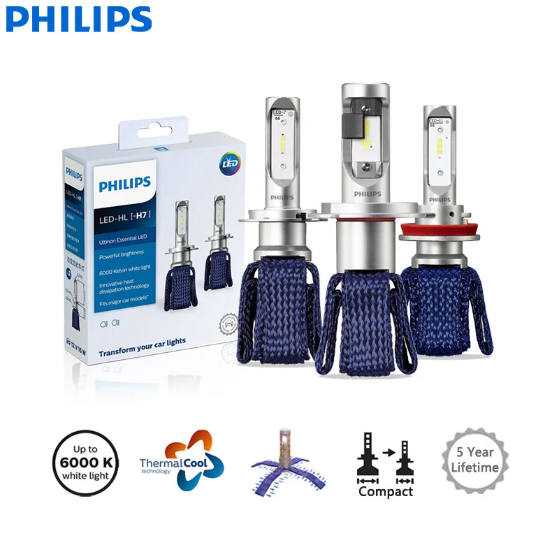 Philips Ultinon Эфирное светодиодный H4 H7 H8 H11 H16 HB3 HB4 H1R2 9003 9005 9006 9012 12V UEX2 6000 К авто фары Противотуманные огни(двойная