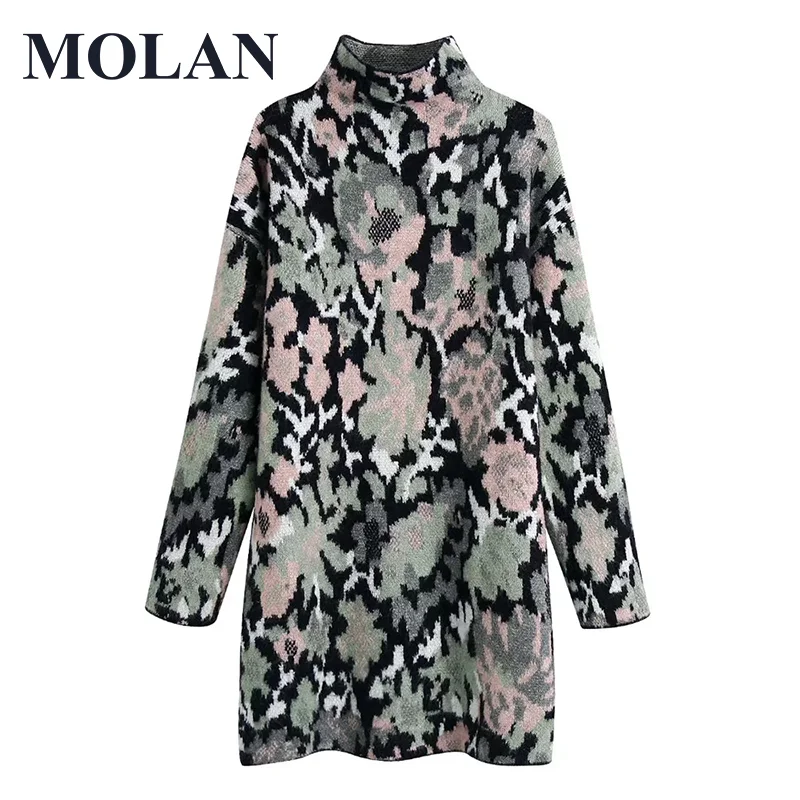 

MOLAN Warm Woman Knitted Dress Fashion Print Long Sleeve Winter Autumn 2021 New Loose Long Dress Vintage Female Retro Vetido