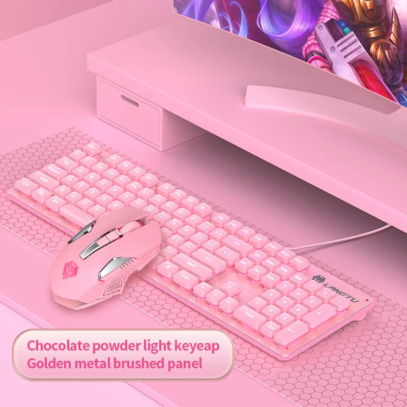 

Mechanical Gaming Keyboard and Mouse Set Pink Mute Silent Film Cute Backlit Desktop Peripherals Suitable Home Office Game