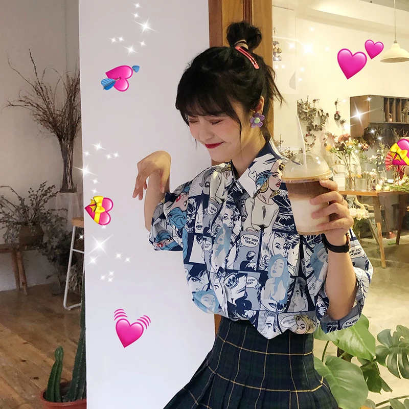 Женская летняя рубашка в Корейском стиле Ulzzang милая винтажная с короткими