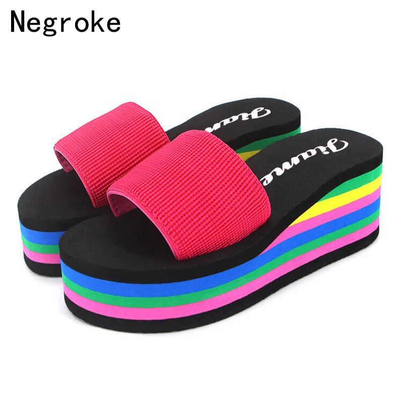 

2020 New Summer Women Slippers Thick Bottom Rainbow Wedges Platform Shoes Ladies Flip Flops Outdoor Beach Slides Slipper