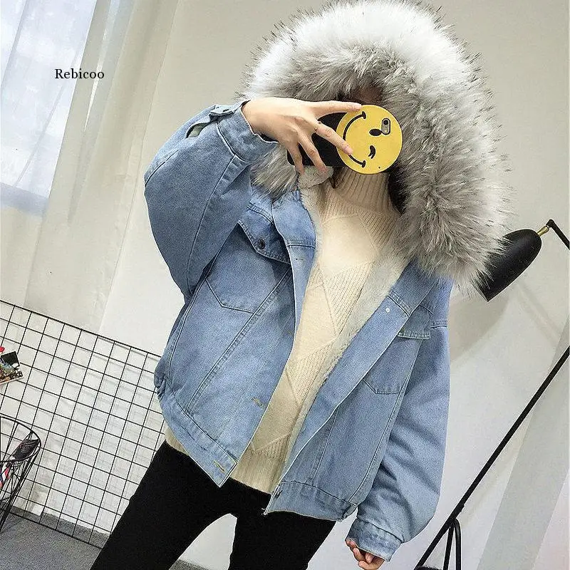 

Velvet Thick Denim Jacket Female Winter Big Fur Collar Korean Locomotive Lamb Coat Female Student Short Coat