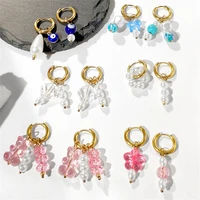 new pink flower asymmetric round hoop earrings for women stainless steel cute pearl circle piercing earring 2022 trendy jewelry