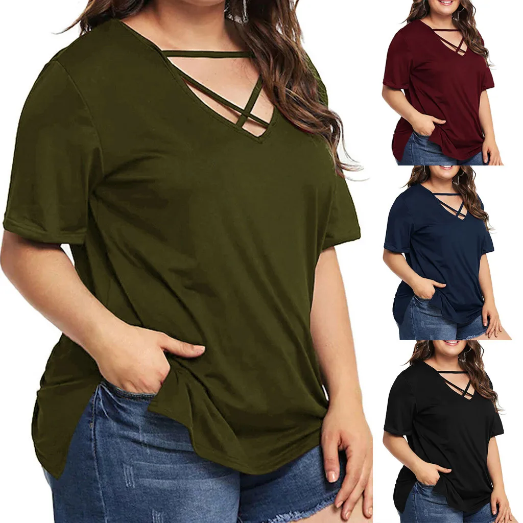 Женская футболка с коротким рукавом модная Однотонная v-образным вырезом и