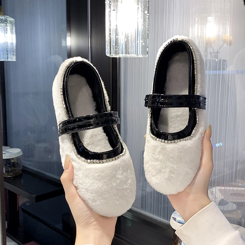 

Elegance Fur Shoes Women Autumn Winter Crystal Furry Flats Woman Round Toe Mary Janes Cozy Moccasins Warm Plush Shallow Shoes