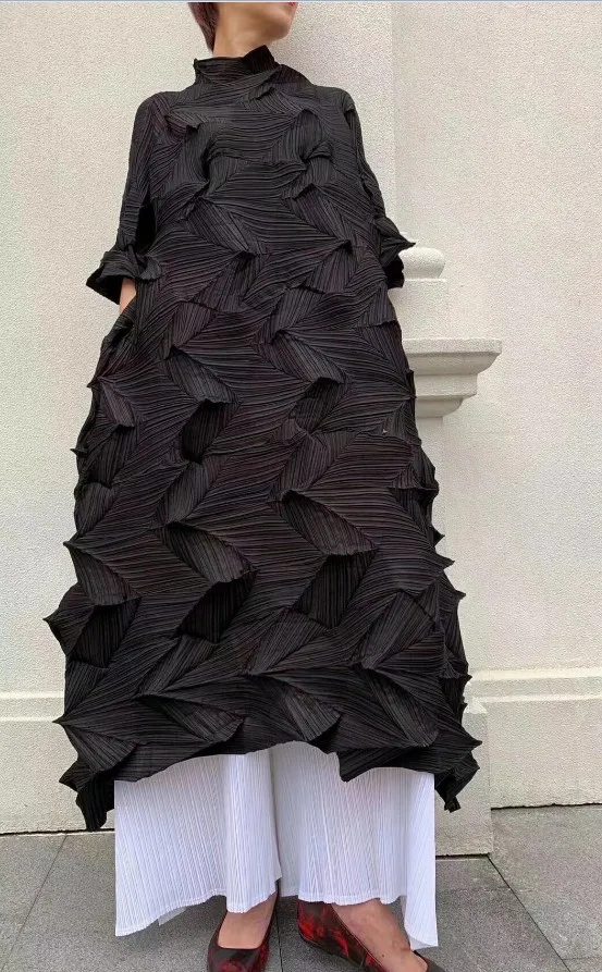 Горячая Miyake модное плиссированное платье со складками и бриллиантами, одноцветное Свободное длинное платье со стоячим воротником - Цвет: Черный