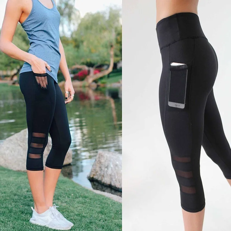 2021 Women Sports Leggings Mesh Energy Tights Solid Pocket Elastic Yoga Pants Running Training Black Gym Legging Fitness | Спорт и
