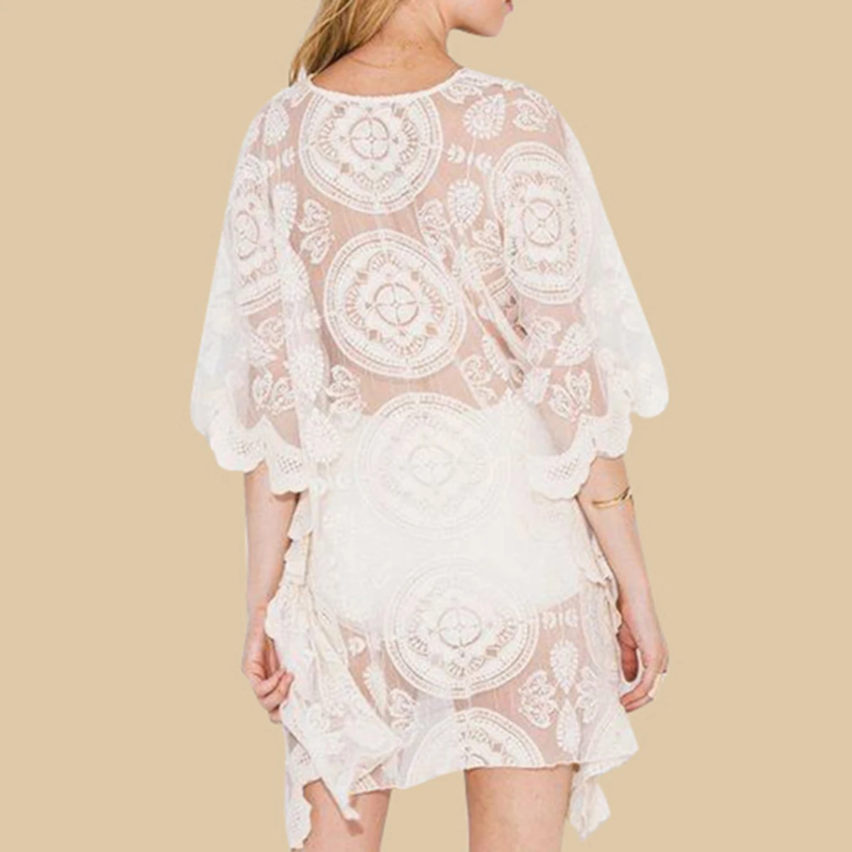 

Jastie 2021 Women Summer Dresses Irregular Embroidered Lace V-Neck Loose Sleeve Mini Dress Bohemian Beach Party Smocks Dress