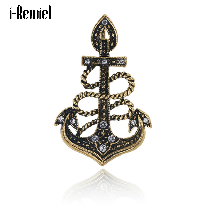 

Vintage Ancient Gold Anchor Brooches Alloy Metal Retro Rhinestone Men's Suit Lapel Pin Boutonniere Clothing Accessories Jewelry