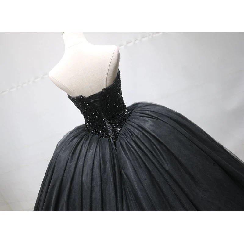 Gorgeous Black Ball Gown Prom Dresses Sparkling Beading Top High Waist Sweep Train Evening Gowns Runway Dresses