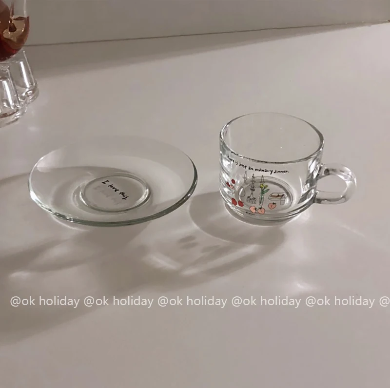 

Creative Glass Coffee Cup Set Cute Summer Transparent Modern Tea Cup Saucers Funny Eco Friendly Tazas De Cafe Drinkware E5BD