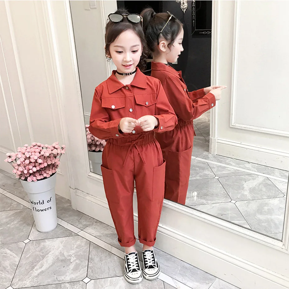 Однотонная рубашка и брюки для девочек комплект одежды с прямой высокой талией