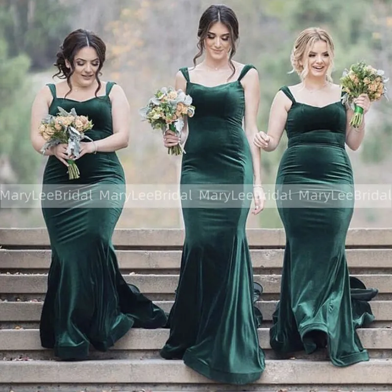 

Dark Green Mermaid Bridesmaid Dresses Spaghetti Straps Velvet Long Vestidos Plus Size Wedding Party Dress Robe Mariage Femme