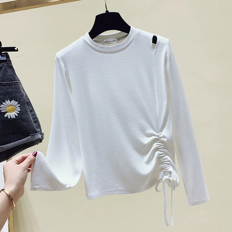 

Осень 2021, Корейская футболка XUXI на шнурке, плиссированная нижняя рубашка, женская тонкая футболка с длинным рукавом и открытой шеей E3500