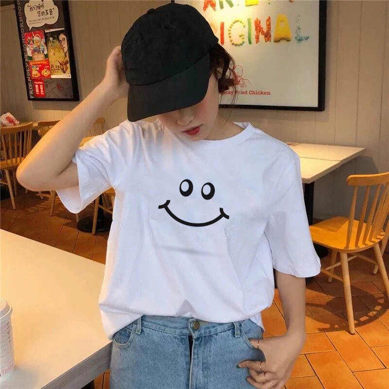 

The Great Wave of Aesthetic T-Shirt Women Tumblr 90s Fashion Graphic Tee Cute T Shirts And Smiling face theme Summer Tops Female