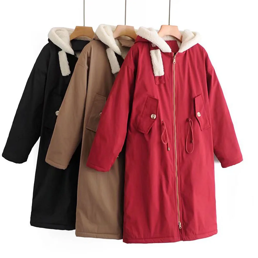 

Women 2021 Fashion Hooded Padded Jacket lambswool Cotton clothes Thick Warm Parka Coat Vintage Long Sleeve Female Outerwear Tops