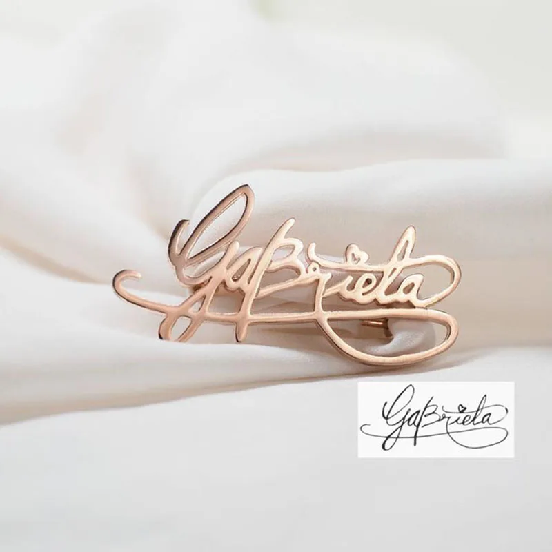 

Customize Handwritten Signature Brooch For Women Men Rose Gold Stainless Steel Any Name Any Font Brooch party Jewelry gift
