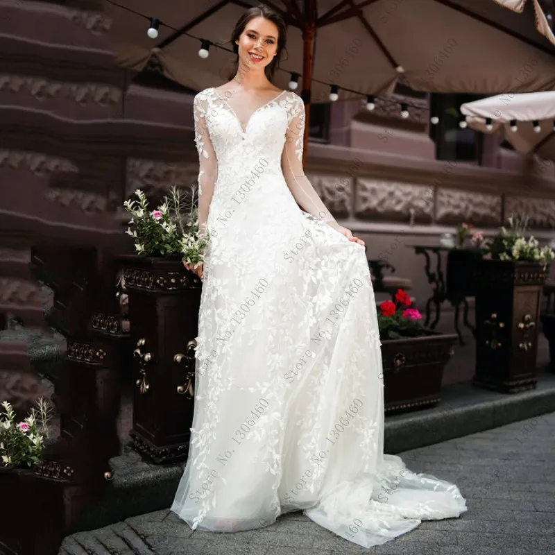 

Thinyfull A Line Long Sleeve Wedding Dress Sexy V Neck Bride Dress With Lace Appliques Vestido De Novia 2020