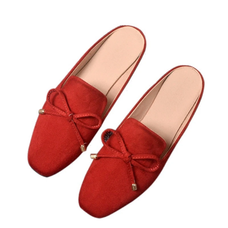 

2021Spring Designer Women Sandals Outdoor Muller Slippers Flat Sandals Suede Black Bow Zapatos De Mujer Calzado