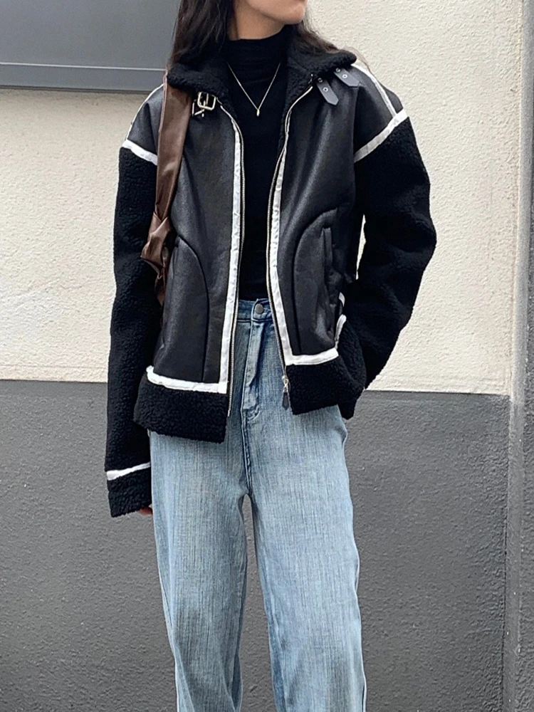 

2021 Autumn Winter Women New Faux Sheepskin Shear Ling Coat Female Thick Warm Motorcycle Street Soft Lamb Fur Leather Jacket