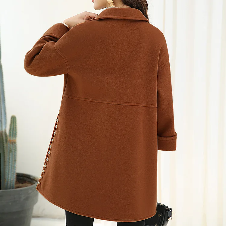 

JCHB 2021 Winter Casual Solid Long Woolen Coats Loose Pockets Wool Coat and Jacket Covered Button Turn-down Collar Ladies Coats