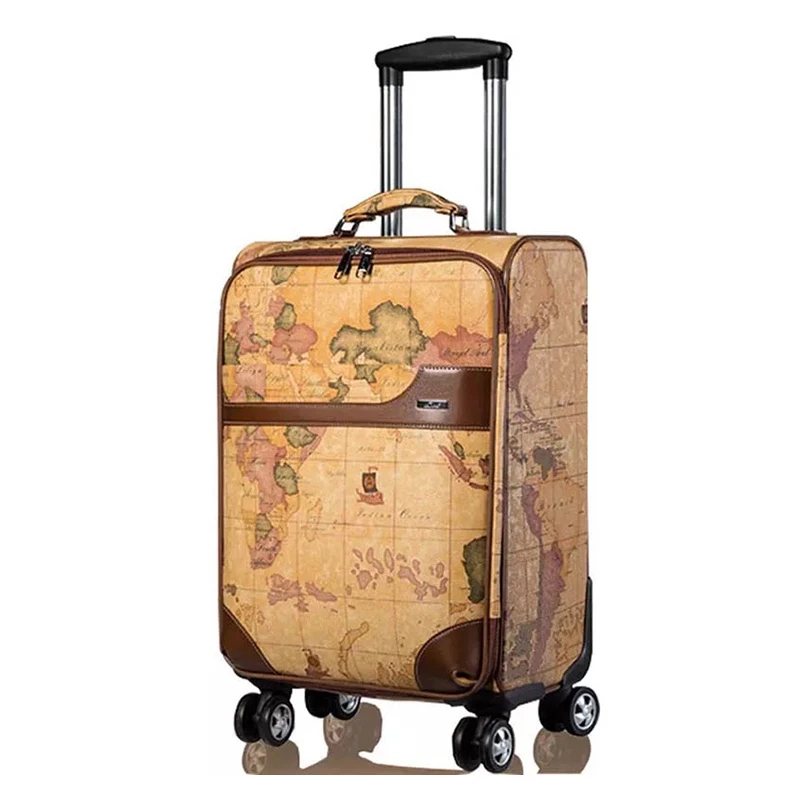 Luxury Retro map luggage series 20 24 inch PU Rolling Luggage Men women Spinner brand Business Travel Bag Trolley Suitcase