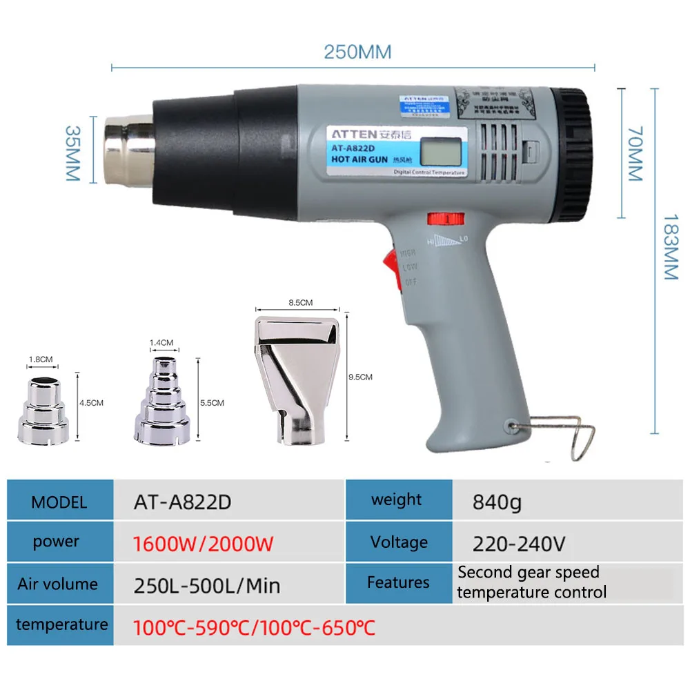 ATTEN AT-A822D 1600W / 2000W Handheld Digital Display Film Bake Gun Heat Shrink Heater | Инструменты