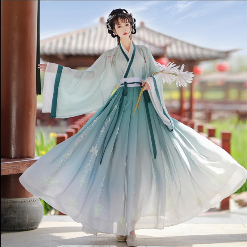 Hanfu Women Chinese Traditional Embroidery Stage Dance Dress Female Fairy Cosplay Costume Hanfu Gradient Blue&Green For Women
