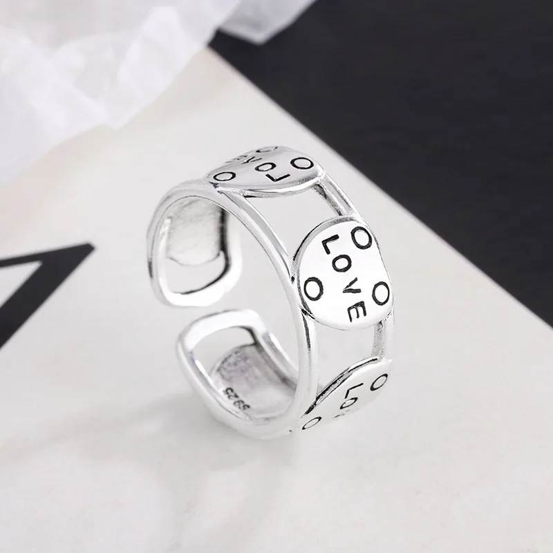

VENTFILLE 925 Sterling Silver Sole Memory Double Sweet Romance Heart Letter LOVE Female Resizable Opening Rings