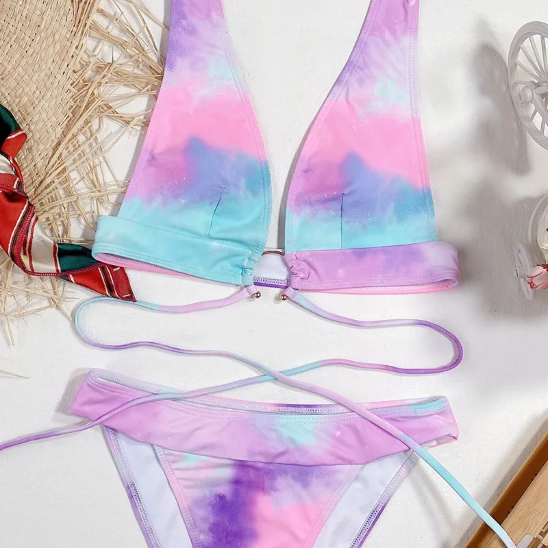 

Deep V-Neck Tie Dye Women's Swimsuit Halter Two Pieces Sets Sexy Push Up Bandage Bikinis High Waist Bathing Suit Summer Swimwear