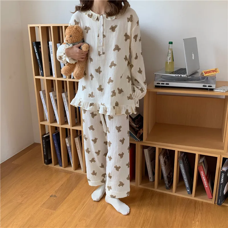 

kawaii pajama set homewear autumn winter bear cartoon sleepwear peter pan collar long sleeve pullovers pants 2pcs pyjamas L504