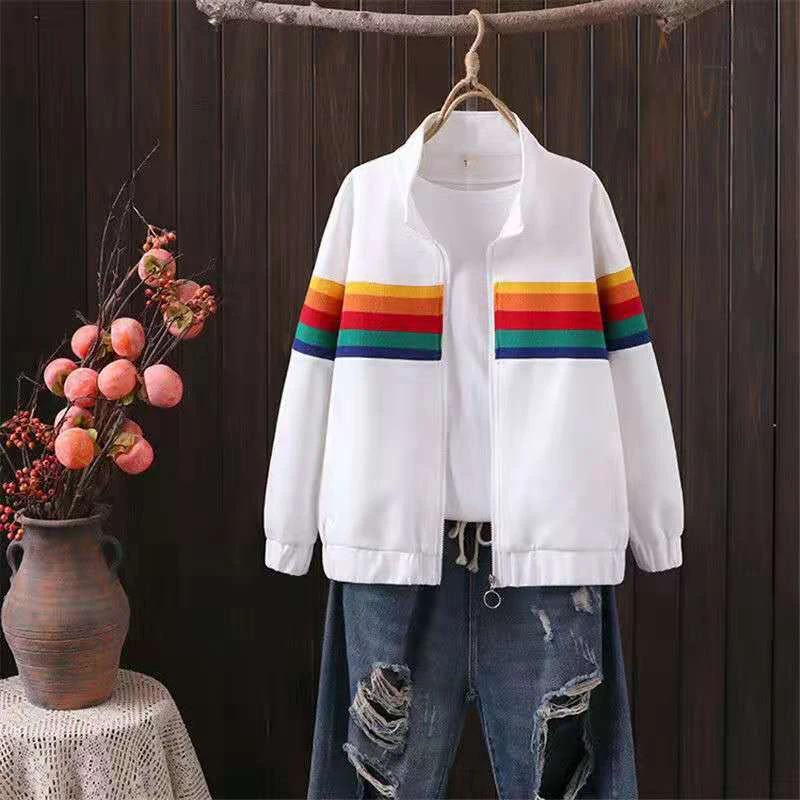 

New Rainbow Striped Print Casual Sweatshirt Blouse 2021 Spring Autumn Zip-Up Pocket Jackets Women Elegant Hooded Patchwork Tops