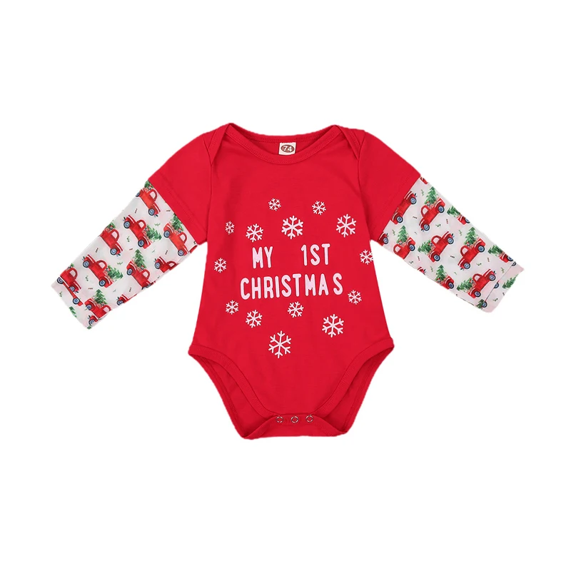 

Christmas Romper Baby Girl Snowflake Car Printed Full Length Regular Sleeve Round Neck Cotton Fashion Covered Button Rompers