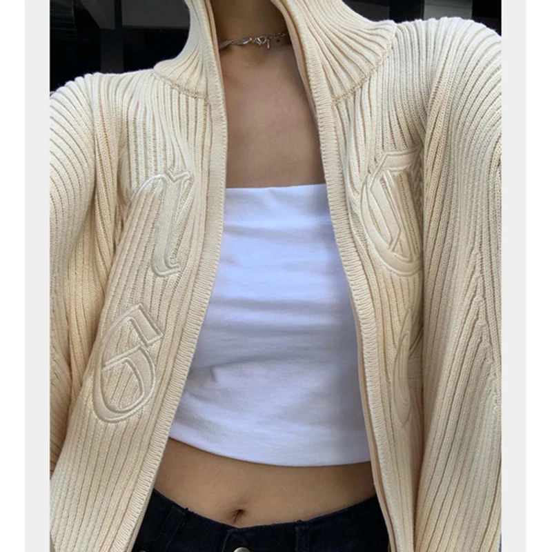 

Women zipper Beige Knitted Ribbed 2021 Cardigan Long Sleeve Sweater Autumn Winter Knitted Loose Jumper Casual Stand-up collar