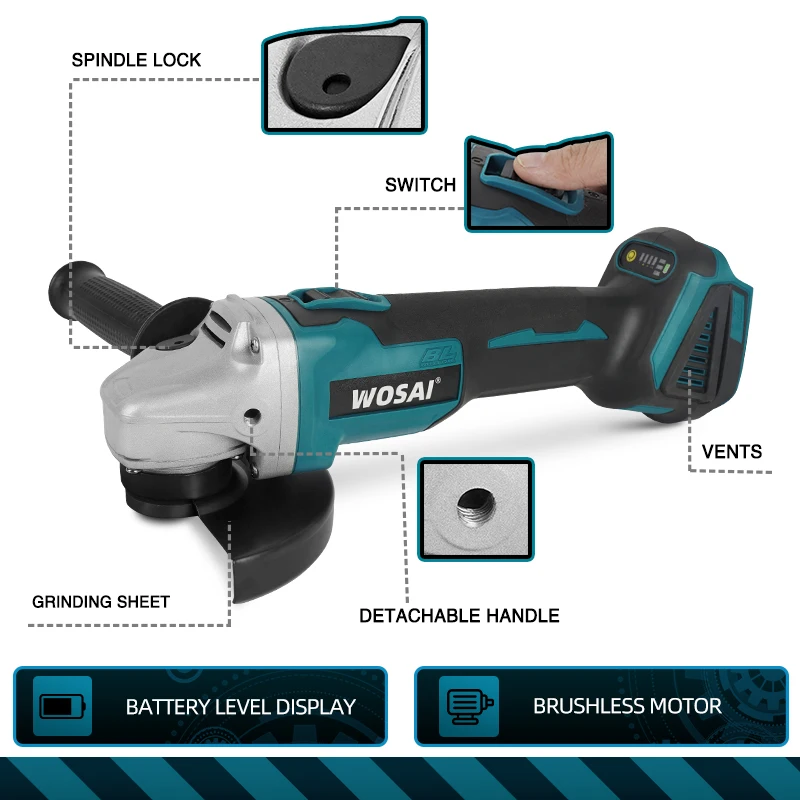 WOSAI 125 мм бесщеточный беспроводной ударный угловой шлифовальный станок DIY