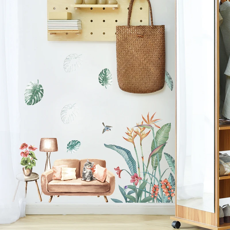 

Colorful Cat Plant Sofa Wall Stickers Animal Lover Home Decoration Accessories For Kids Rooms Art Decor Wallpaper