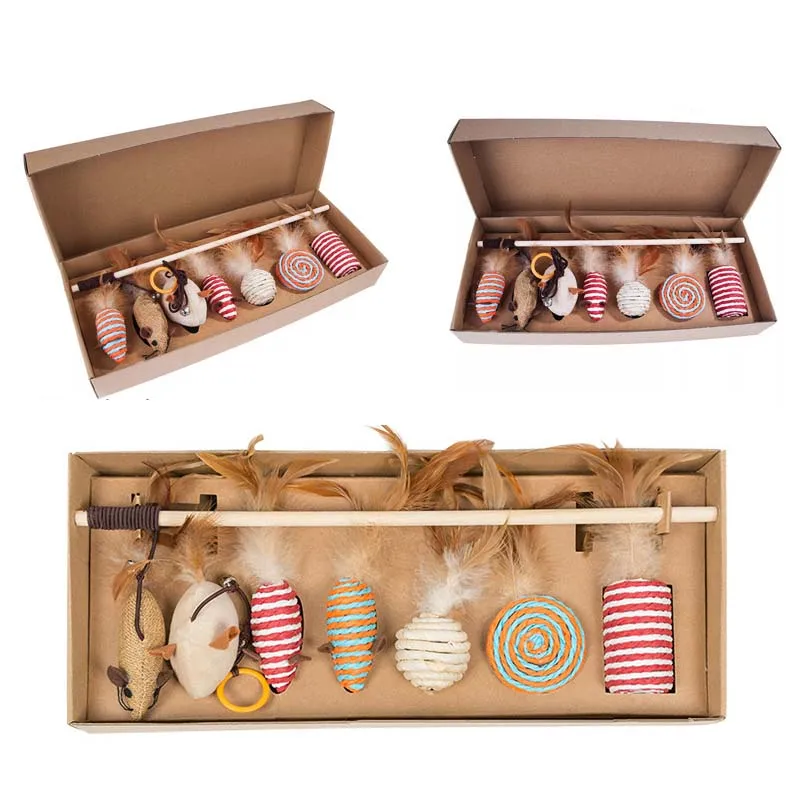 

Игрушечная кошачья 7 шт. шаровой кошка игрушка набор палочка-Дразнилка с перьями для кошек Katten сизальских канатов игрушки Yuko игрушка для кош...