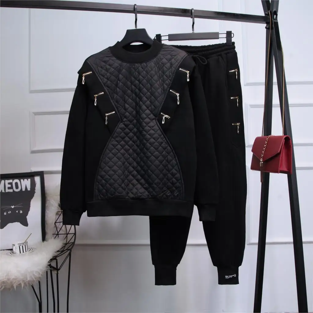 

2020 Special Offer New Arrival Full Winter Suit Women's Fashion Diamond Plaid Loose Sweater Jacket And Casual Pants 2-piece Set