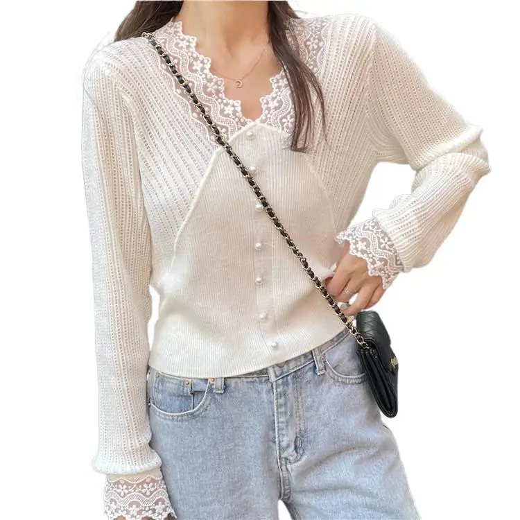

Women Lace Splicing Sweater Fashion V-neck Pearl Button Spring Autumn Shirts Casual Long Sleeve Pullover Tops