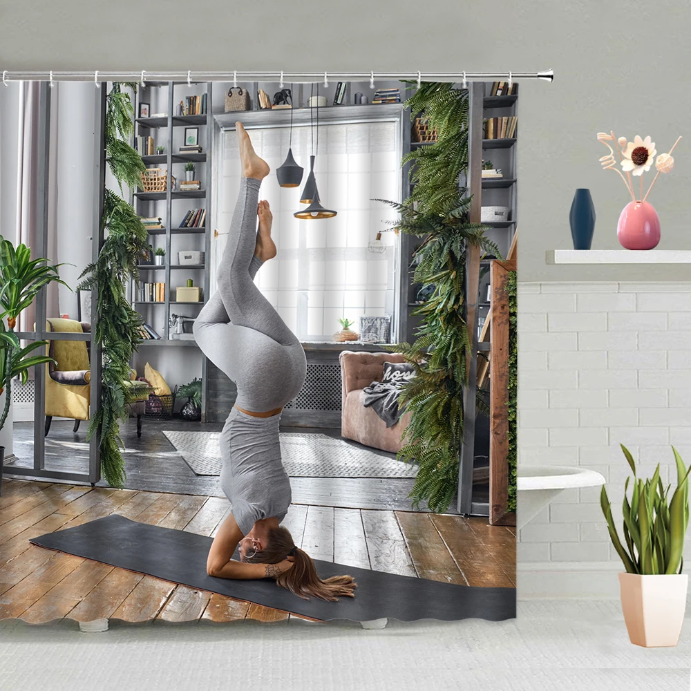 

Bathroom Accessories Shower Curtain Yoga Fitness Background Pattern Partition Screen Waterproof Polyester Fabric With Hooks