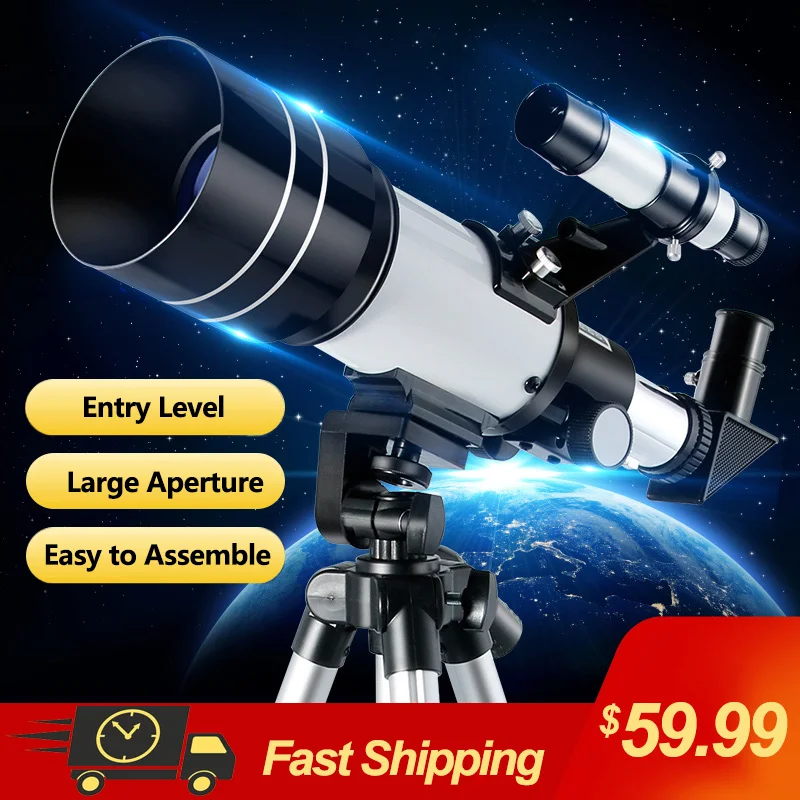 

70mm Large Diameter Refracting Astronomical Telescope Zoom 150X Adjustable Tripod Phone Holder for Kids Beginners Moon Viewing