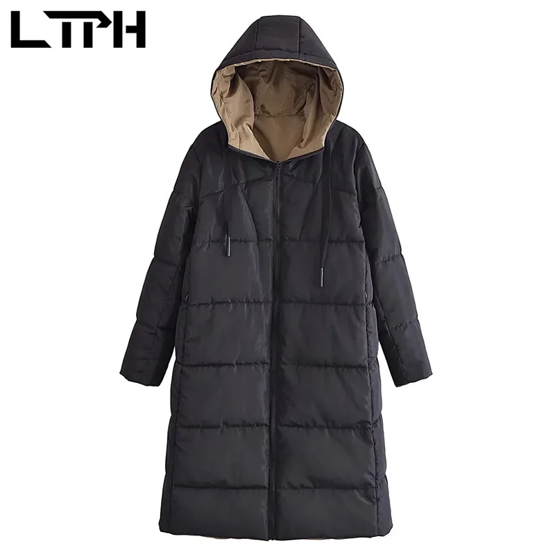 

LTPH vintage black winter jacket women parkas double sided wear thicken warm hooded zipper long coat streetwear 2021 autumn new