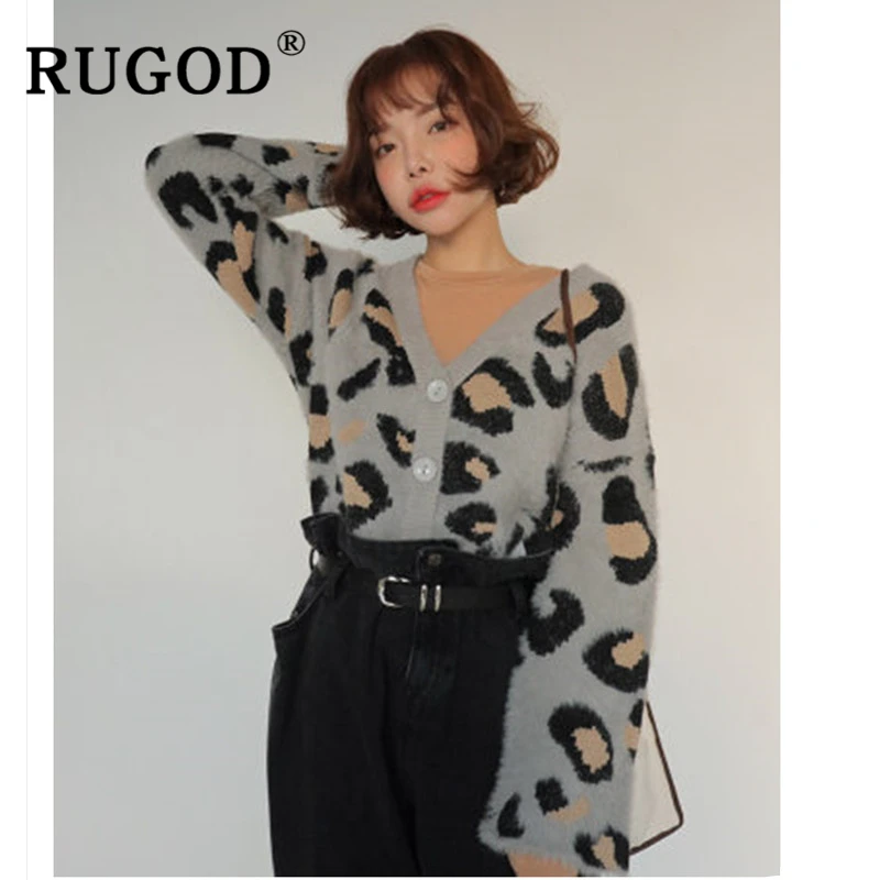 Женский кашемировый кардиган RUGOD вязаный с длинным рукавом и леопардовым принтом