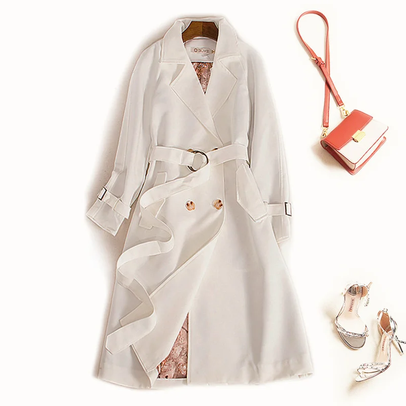 

Женская тонкая ветровка средней длины, однотонная тонкая куртка с поясом, весна-осень 2021