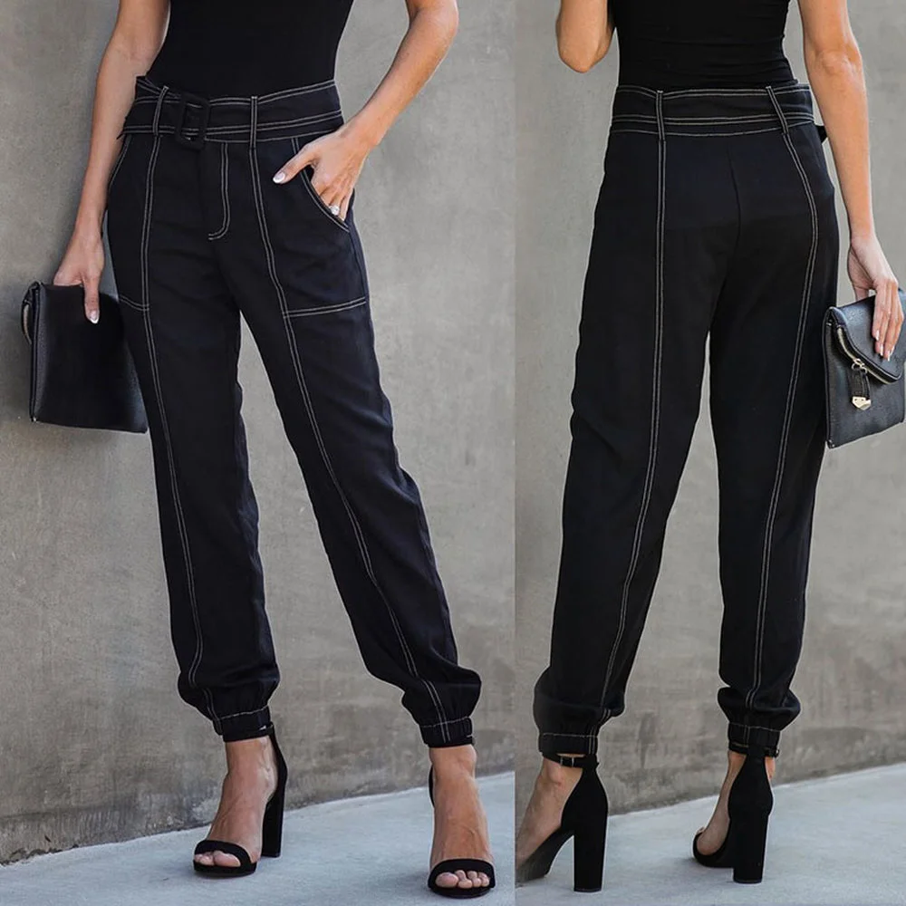 

Sweatpants Women Spring and Summer Loose with Belt Beam Leg Pants Casual Black Stitching Ladies High Waist Tall Women Trouser